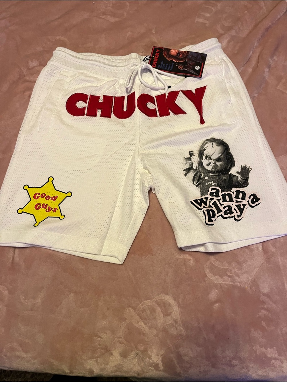 Reason White Mesh 'Chucky' Graphic Athletic Shorts with Red Lettering